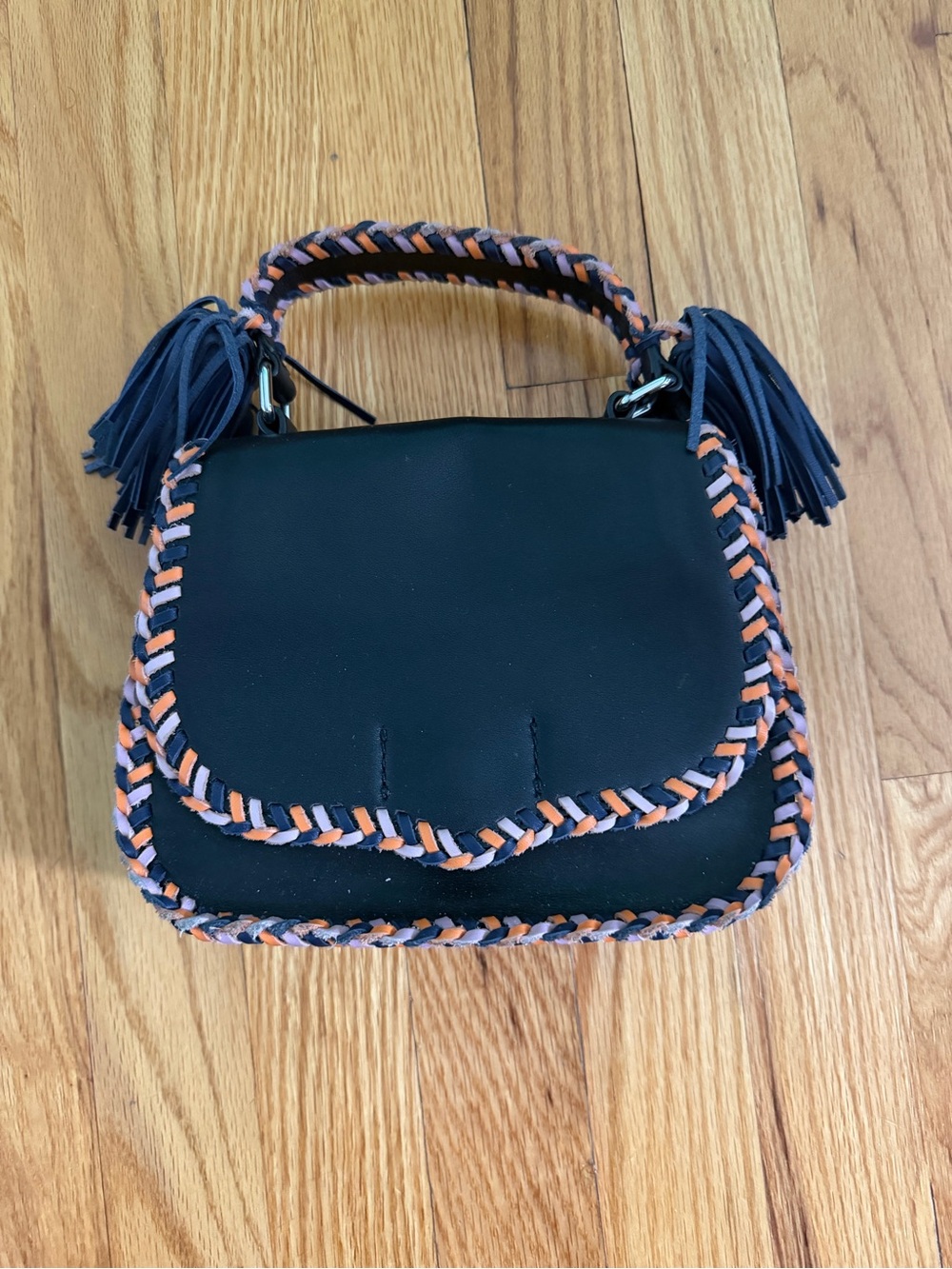 Rebecca Minkoff Black Crossbody with Pink and Orange Braided Trim